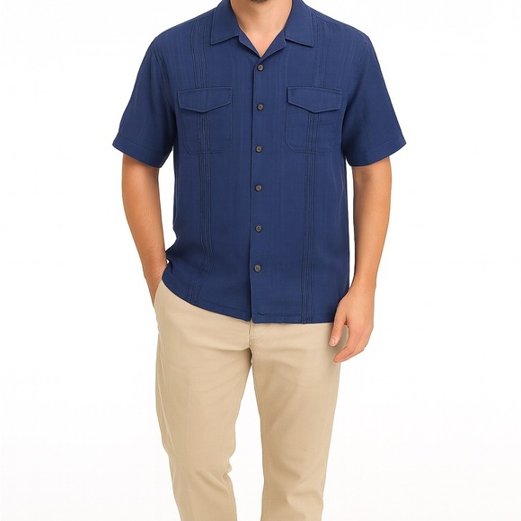 Tommy Bahama Linen Camp Shirt Pintuck Pleats Dual Pockets Navy Blue Men’s L - Picture 3 of 11